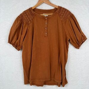Wonderly Rust Orange Crochet Lace Shoulder Puff Sleeve Henley Top XL